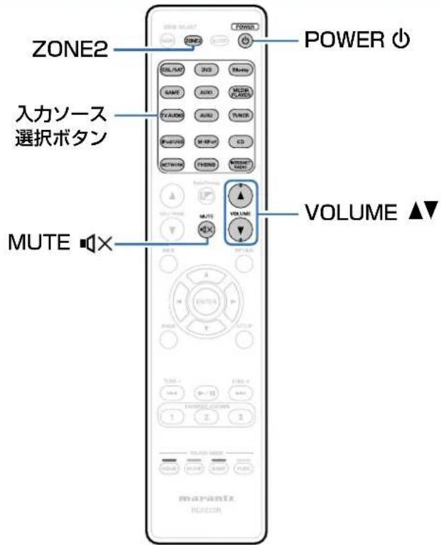 ZONE2 POWER ⏻ 入力ソース 選択ボタン VOLUME ▲▼ MUTE 📧× MARantz RC50107 CNS3 Mbox SAVE AUDIO MODR PLAYS TUNER PUBUAD M-RIPUT CS NOTWITH FREM MOTHER MAXI VOLUME VOLUME POWER ⏻