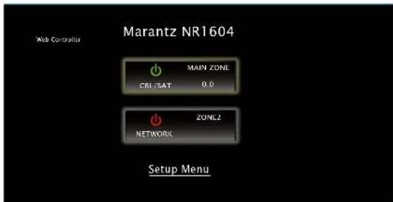 Marantz NR1604 Web Controller MAIN ZONE CBL/SAT 0.0 NETWORK ZONE2 Setup Menu