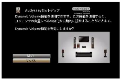 Audiysseyセットアップ Dynamic Volume機能を使用できます。この機能を使用すると、 コンデンツの音量レベルの変化を自動的に誇明することができます。 Dynamic Volume機能を有効にしますか？ はい しいえ