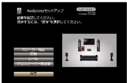 Audysseyセットアップ AudiYSE 結束を検討してください。 保存するには、"保守"を選択してください。 スピーガー端板 部番 レベル クロスオーバー間波動 保存