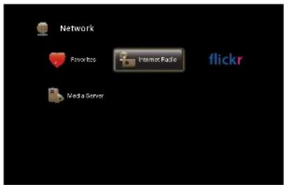 Network Favorites Internet Radio flickr Media Server