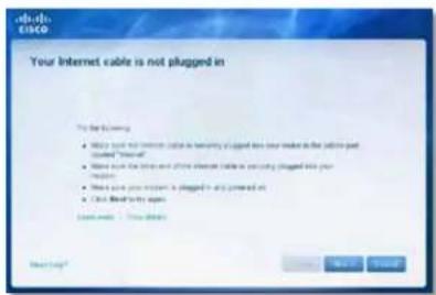 LINKSYS E1500 - Sporočilo »Your Internet cable is not plugged in (Internetni kabel ni priklopljen)« - 1