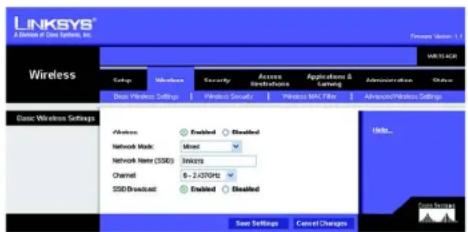 LINKSYS WRT54GR - Onglet Wireless - Basic Wireless Settings (Sans fil - Paramètres sans fil de base) - 1