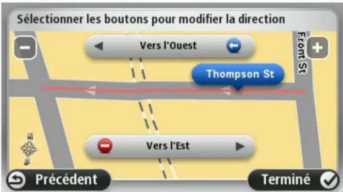 Sélectionner les boutons pour modifier la direction Vors l'Ouest Thompson St Vors l'Est Précédent Terminé