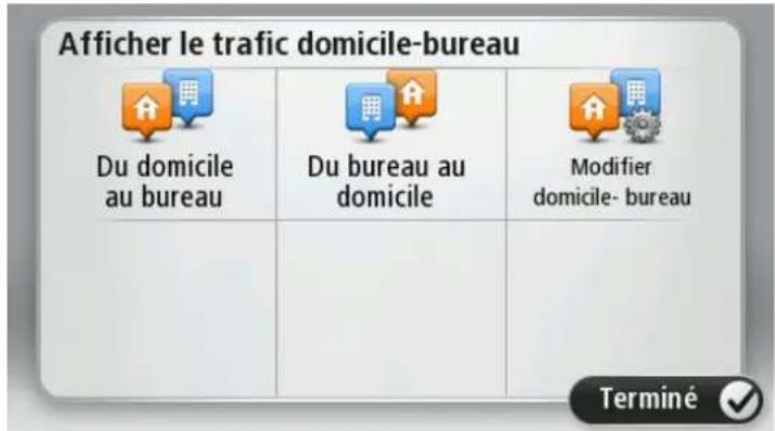 Afficher le trafic domicile-bureau Du domicile au bureau Du bureau au domicile Modifier domicile- bureau Terminé