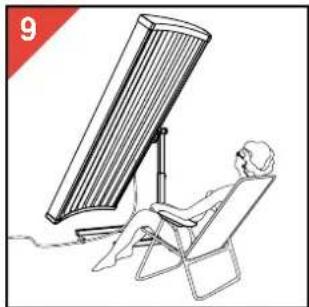 Line drawing of a person sitting in a chair using a large solar panel, no text or symbols present