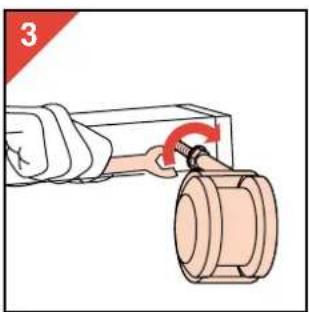 Illustration of a hand holding a cylindrical mechanical component with a red arrow indicating rotation (no text or symbols)