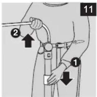 Diagram showing a person holding a bicycle with labeled parts and directional arrows indicating movement or force.