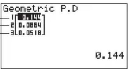 CASIO CFX-9950GB - Beispiel Zu berechnen ist die Geometrische Wahrscheinlichkeit für eine Liste von Daten. - 1