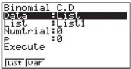 CASIO CFX-9950GB - Beispiel Zu berechnen ist die Binomial-Wahrscheinlichkeit für eine Liste von Daten. - 2