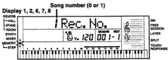 Song number (0 or 1) Display 1, 2, 6, 7, 8 REVERB HALL STAGE ROOM SYNTH MIXER MEMORY STEP Rec. No. T= 120 MEASURE BEAT 00 1-1 GM FREE SESSION LAYER SPLIT TOUCH RESPONSE