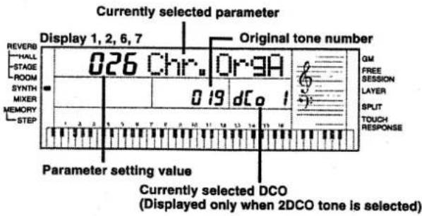 Currently selected parameter Display 1, 2, 6, 7 Original tone number 026 Chr. Or 3A 019 dCo 1 Parameter setting value Currently selected DCO (Displayed only when 2DCO tone is selected)