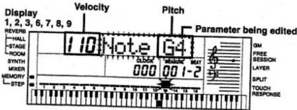 Display 1, 2, 3, 6, 7, 8, 9 REVERB -HALL -STAGE -ROOM SYNTH -MIXER -MEMORY -STEP 1.0 Note G4 CLOCK MEASURE BEAT 000 001-2 Parameter being edited GM FREE SESSION LAYER SPLIT TOUCH RESPONSE