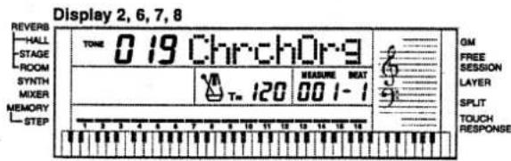 Display 2, 6, 7, 8 REVERB HALL STAGE ROOM SYNTH MIXER MEMORY STEP TONE 0.19 ChrcchOr-9 T= 120 MEASURE MAT 00 1 - 1 GM FREE SESSION LAYER SPLIT TOUCH RESPONSE