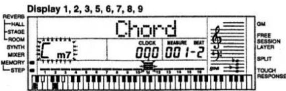 Display 1, 2, 3, 5, 6, 7, 8, 9 Reverb HALL STAGE ROOM SYNTH MIXER MEMORY STEP Chord CLOCK 000 BEASURE BEAT 1-2 GM FREE SESSION LAYER SPLIT TOUCH RESPONSE