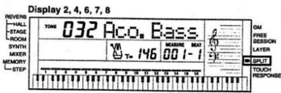 Display 2, 4, 6, 7, 8 REVERD -HALL -STAGE -ROOM SYNTH -MIXER -MEMORY -STEP TOME 032 Aco. Bass. T= 146 MEASURE BEAT 001-1 OM FREE SESSION LAYER SPLIT TOUCH RESPONSE