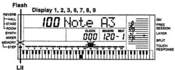 Flash Display 1, 2, 3, 6, 7, 8, 9 100 Note A3 CLOCK MEASURE BEAT 000 120 - 1 QM FREE SESSION LAYER SPLIT TOUCH RESPONSE REVERB HALL STAGE ROOM SYNTH MIXER MEMORY STEP Lit
