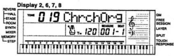 Display 2, 6, 7, 8 REVERB HALL STAGE ROOM SYNTH MIXER MEMORY STEP TOME 0.19 ChrchOr-9 T= 120 MEASURE BEAT 00 1-1 OM FREE SESSION LAYER SPLIT TOUCH RESPONSE