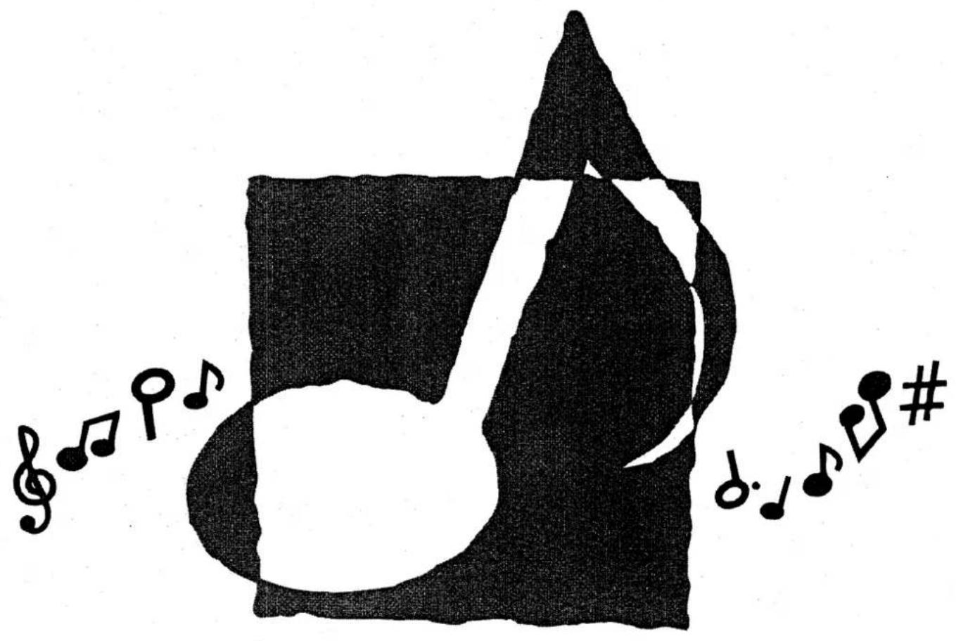 Stylized musical notation with treble clef, notes, and a geometric shape resembling a bell or horn.