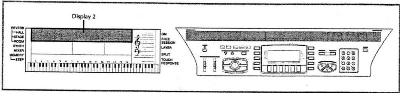 Display 2 REVERB HALL STAGE ROOM SYNTH MIXER MEMORY STEP 1 2 3 4 5 6 7 8 9 10 11 12 13 14 GM FREE SESSION LAYER SPLIT TOUCH RESPONSE