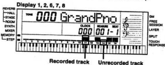 Display 1, 2, 6, 7, 8 REVERB HALL STAGE ROOM SYNTH MIXER MEMORY STEP TONE 000 GrandPno CLOCK 000 BEASURE 00 1-1 Recorded track Unrecorded track GM FREE SESSION LAYER SPLIT TOUCH RESPONSE