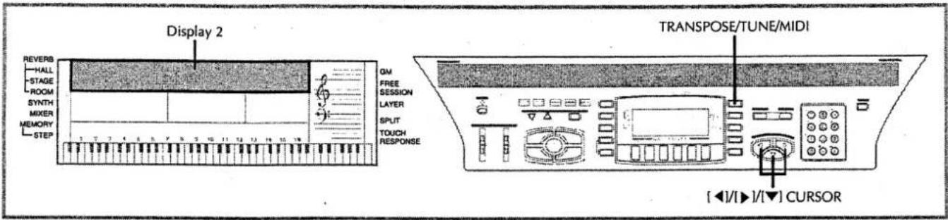 Display 2 REVERB HALL STAGE ROOM SYNTH MIXER MEMORY STEP GM FREE SESSION LAYER SPLIT TOUCH RESPONSE TRANSPOSE/TUNE/MIDI [◀]/[▶]/[▼] CURSOR