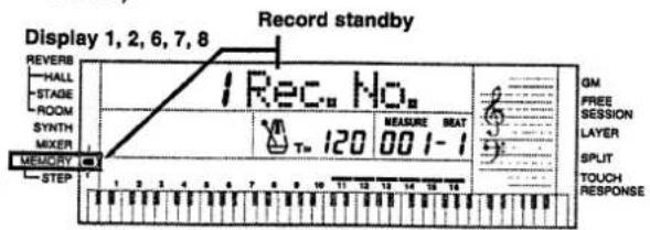 Display 1, 2, 6, 7, 8 Record standby REVERB HALL STAGE ROOM SYNTH MIXER MEMORY STEP I Rec No. T= 120 00 1-1 MEASURE BEAT GM FREE SESSION LAYER SPLIT TOUCH RESPONSE