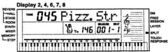 Display 2, 4, 6, 7, 8 REVERS HALL STAGE ROOM SYNTH MIXER MEMORY STEP TONE 045 Pizz Str T- 146 MEASURE 00 1-1 GM FREE SESSION LAYER SPLIT TOUCH RESPONSE