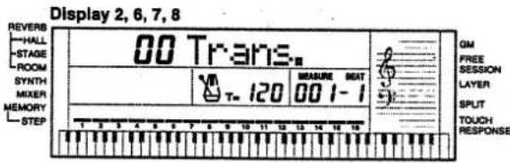 Display 2, 6, 7, 8 REVERB HALL STAGE ROOM SYNTH MIXER MEMORY STEP 00 Trans. T= 120 MEASURE BEAT 00 1-1 GIM FREE SESSION LAYER SPLIT TOUCH RESPONSE