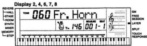 Display 2, 4, 6, 7, 8 REVERS HALL -STAGE -ROOM -SYNTH -MIXER -MEMORY -STEP TONE 060 Fr. Horn T= 146 MEASURE BEAT 001-1 GM FREE SESSION LAYER SPLIT TOUCH RESPONSE