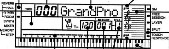 REVERB HALL STAGE ROOM SYNTH MIXER MEMORY STEP TONE 000 GrandPro T= 120 MEASURE BEAT 1 2 3 4 5 6 7 8 9 10 11 12 13 14 15 16 8mp GM FREE SESSION LAYER SPLIT TOUCH RESPONSE