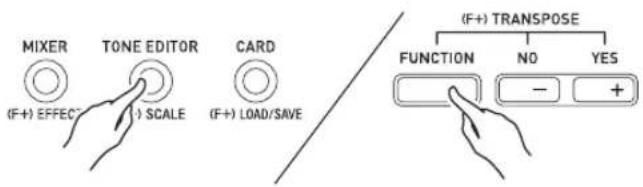 MIXER (T-F+) EFFECT TONE EDITOR (F-) SCALE CARD (F+) LOAD/SAVE (F+) TRANSPOSE FUNCTION NO YES - + +