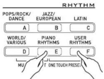 RHYTHM POPS/ROCK/ DANCE JAZZ/ EUROPEAN LATIN A B C WORLD/ VARIOUS PIANO RHYTHMS USER RHYTHMS D E F MU T ONE TOUCH PRESE
