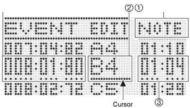 EVENT EDIT NOTE 01:04:02 B4 01:01:00 B4 01:03:12 CE 01:09 01:29 ②① ③ Cursor