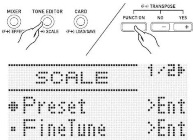 MIXER (T-F+) EFFECT TONE EDITOR (+) SCALE CARD (F+) LOAD/SAVE (F+) TRANSPOSE FUNCTION NO YES - + SCALE 1/2# * Preset * Finelune >Ent >Ent