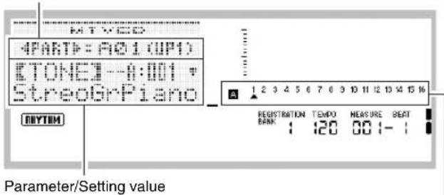 4PARTP: 901 (UP) STONE: -4.001 STREOGrPiano ONYUM PARAMETER/Setting value REGISTRATION TEMPO MEASURE BEAT BANK: 120 001-1
