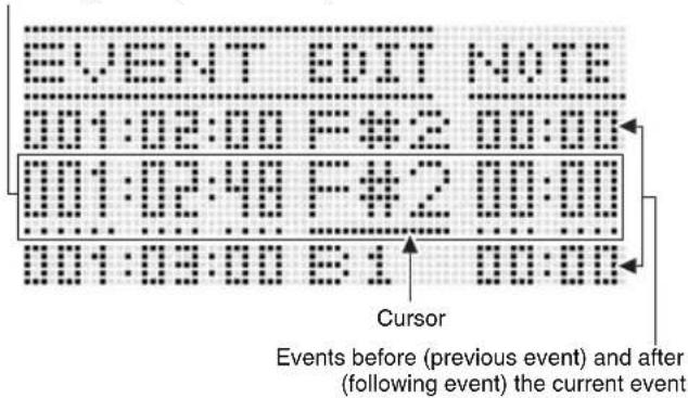 EVENT EDIT NOTE 001:02:00 F#:2 00:00 001:02:40 F#:2 00:00 001:03:00 E:1 00:00 Cursor Events before (previous event) and after (following event) the current event