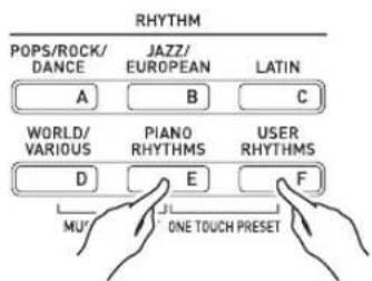 RHYTHM POPS/ROCK/ DANCE JAZZ/ EUROPEAN LATIN A B C WORLD/ VARIOUS PIANO RHYTHMS USER RHYTHMS D E F MU' ONE TOUCH PRESET
