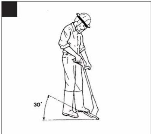 Line drawing of a worker using a walking stick with a 30-degree angle marker (no text or symbols)