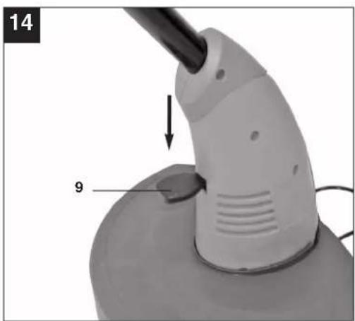 Close-up of a desk lamp with a handle and base, showing a curved arm and a small knob.