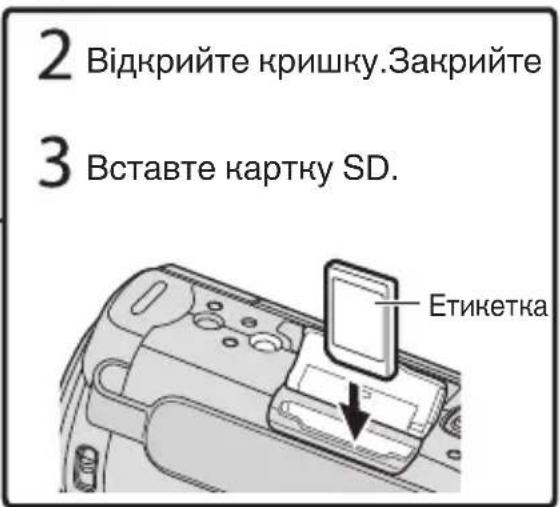 2 Відкрийте кришку.Закрийте 3 Вставте картку SD. Етикетка