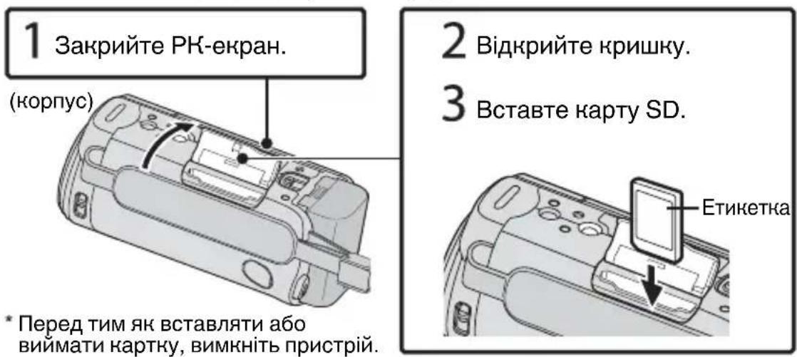 1 Закрийте РК-екран. (корпус) 2 Відкрийте кришку. 3 Вставте карту SD. * Перед тим як вставляти або виймати картку, вимкніть пристрій. Етикетка
