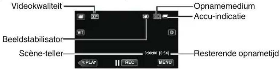 Videokwaliteit Beeldstabilisator Scène-teller OPnamemedium Accu-indicatie 0:00:00 [0:54] Resterende opnametijd PLAY REC MENU
