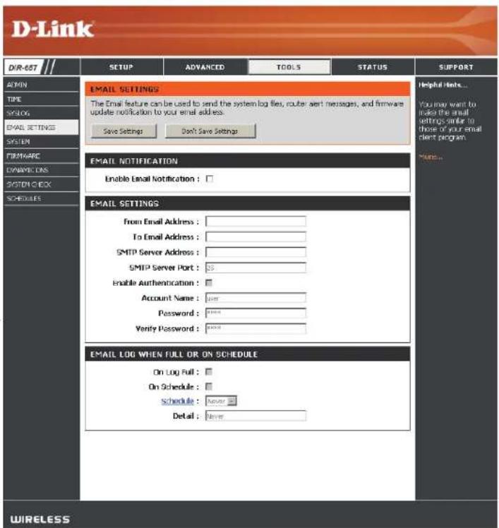 D-LINK DIR-657 - Paramètres du courrier électronique - 1