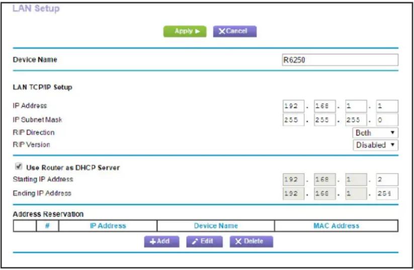 NETGEAR R6250 - Select Advanced > Setup > LAN Setup. - 1