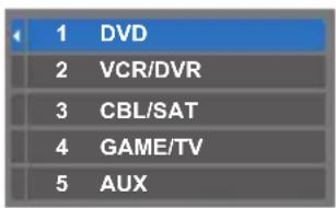 1 DVD 2 VCR/DVR 3 CBL/SAT 4 GAME/TV 5 AUX