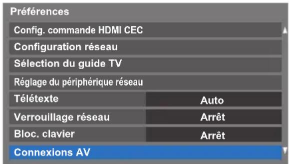 Préférences Config. commande HDMI CEC Configuration réseau Sélection du guide TV Réglage du périphérique réseau Télétexte Auto Verrouillage réseau Arrêt Bloc. clavier Arrêt Connexions AV