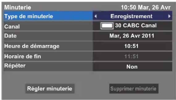 Minuterie 10:50 Mar, 26 Avr Type de minuterie Enregistrement Canal 30 CABC Canal Date Mar, 26 Avr 2011 Heure de démarrage 10:51 Horaire de fin 11:51 Répéter Non Régler minuterie Supprimer minuterie