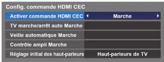 Config. commande HDMI CEC Activer commande HDMI CEC ← Marche ▶ TV marche/arrêt auto Marche Veille automatique Marche Contrôle ampli Marche Réglage initial des haut-parleurs Haut-parleurs de TV