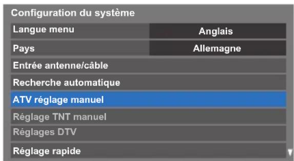 Configuration du système Langue menu Anglais Pays Allemagne Entrée antenne/câble Recherche automatique ATV réglage manuel Réglage TNT manuel Réglages DTV Réglage rapide